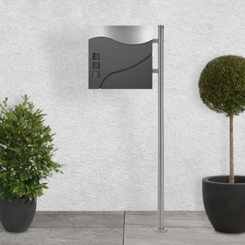 ECD Germany Standbriefkasten mit Zeitungsfach, Briefkasten mit Pfosten, Briefkastenanlage Briefkastenständer Silber 120cm Edelstahl, Postkasten Anthrazit/Silber 37 x 36,5cm Edelstahl pulverbeschichtet