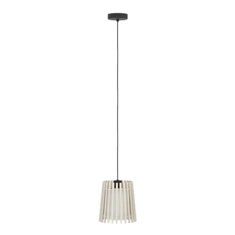 EGLO Hängelampe Fattoria, 1-flammige Pendelleuchte über Esstisch, Esszimmerlampe aus hellem Holz, Textil in Weiß und Metall in Schwarz, Hängeleuchte mit E27 Fassung, Ø 20 cm