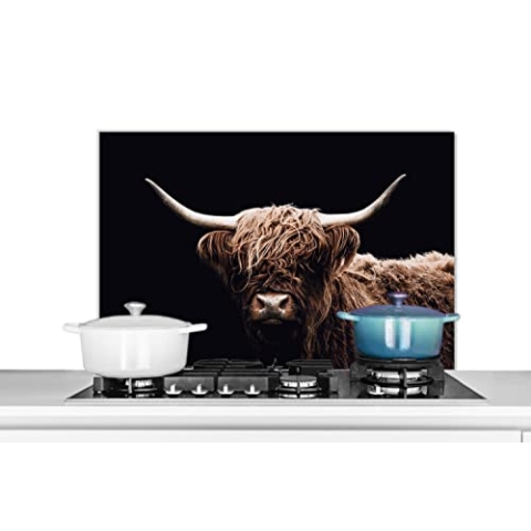 MuchoWow Spritzschutz Küche Küchenrückwand Alu Poster Bilder 90x60 cm Schottischer Highlander - Schwarz - Horn