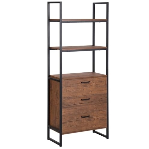 Beliani Retro Bücherregal dunkler Holzfarbton/schwarz Stahlgestell mit 3 Schubladen Tifton