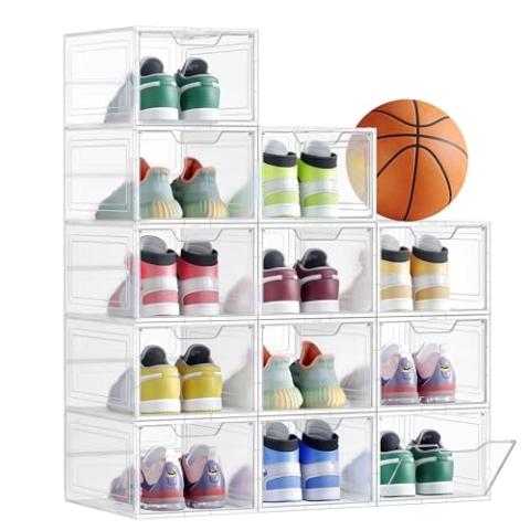 SONGMICS Schuhboxen, Schuh-Organizer aus Kunststoff, mit Tür, durchsichtig, 12er Set, stapelbar, einfache Montage, 34 x 25 x 18,4 cm, für Schuhe bis Größe 44, transparentes Weiß LSP412W01