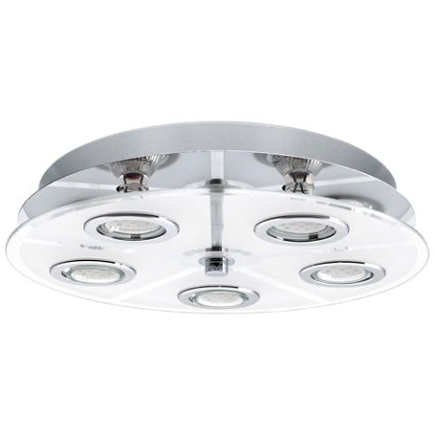 EGLO LED Deckenlampe Cabo, 5 flammige Deckenleuchte, Deckenstrahler aus Edelstahl und satiniertem Glas, Wohnzimmerlampe in Chrom, Weiß, Klar, Küchenlampe, Flurlampe Decke mit GU10 Fassung, Ø 35 cm