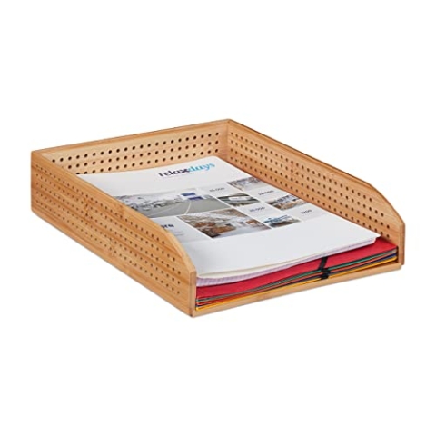 Relaxdays 5 x Dokumentenablage Bambus, perforiert, stapelbar, A4, Schreibtischablage, Büro, Ablage HBT: ca 7 x 25 x 33, natürlich