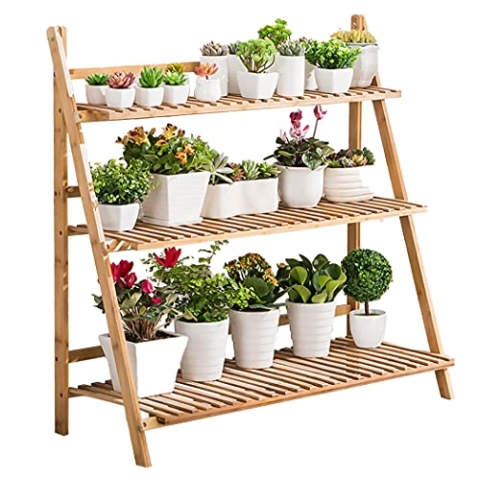medla Blumentreppe Holz, Blumenständer für innen draußen, 3-stufig, Blumentreppe Klappbar, Blumenleiter Bambus 100 x 38 x 97cm , Braun