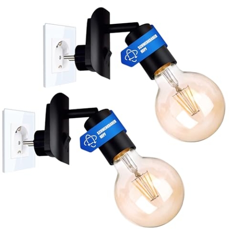Trango 2er Pack 11-259A LED Steckerleuchte inkl. je 1x 4 Watt 2500K Gold warmweiß E27 LED Leuchtmittel in Schwarz matt *ANNA* Wandleuchte, Leselampe, Nachtlicht, Wandlampe, Küchenlampe, Steckerlampe
