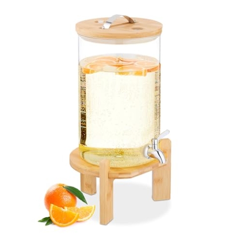 Relaxdays Getränkespender, 8 Liter, Kalt-& Heißgetränke, Bambus-Ständer, Thermometer, Bowle-Gefäß, transparent/Natur