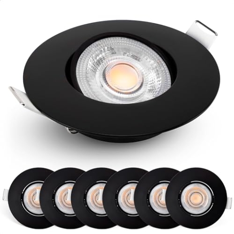 EMOS LED Einbaustrahler 230V dimmbar, 4,9W / 480lm, 50° schwenkbar, warmweiß 2700K | Set mit 6 Stück Einbaustrahler LED Spot ultraflach, rund | Deckenspots LED dimmbar für Innenräume, Farbe schwarz