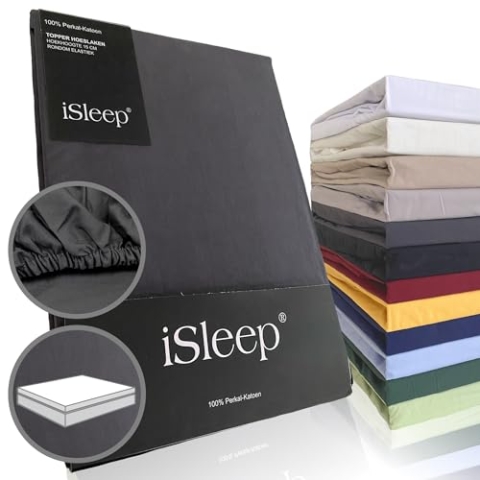iSleep Topper Spannbettlaken Perkal 100% Baumwolle (Anthrazit, 180x210 cm)