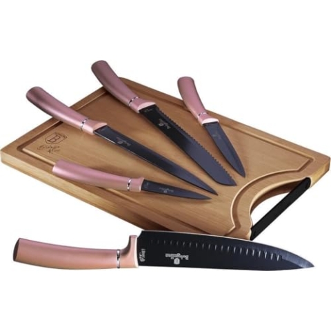 Berlinger Haus BerlingerHaus I-Rose 5er Set Profi Küchenmesser, Bambus Schneidebrett, Kochmesser Brotmesser Tranchiermesser Schälmesser Mehrzweckmesser, Elegantes Design, BH-2554, Rosa