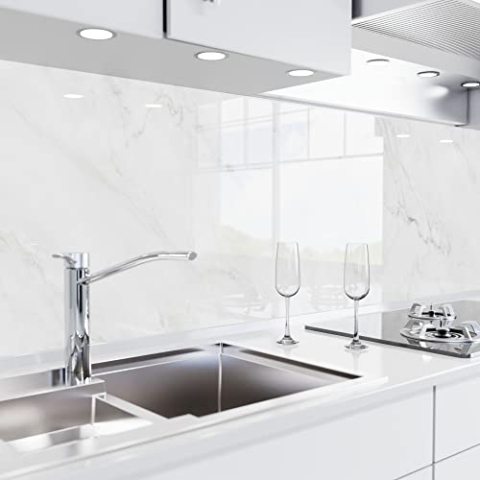 danario Küchenrückwand selbstklebend - Glasoptik - Spritzschutz Küche - versteifte PET Folie - 0,8 mm - Marmor weiß - 80cm x 400cm
