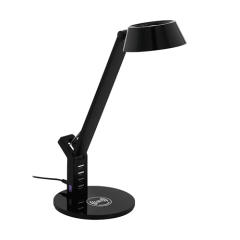 EGLO LED Tischlampe Banderalo, 1 flammige Schreibtischlampe mit QI Ladestation, warmweiß, neutralweiß, kaltweiß, dimmbar, Tischleuchte, Bürolampe aus Kunststoff in Schwarz, LED Schreibtischleuchte