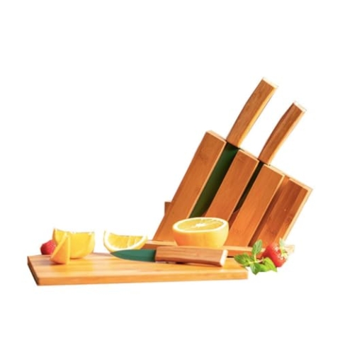 Just Vegan 5 teiliger Messerblock mit Kochmesser, Messerset aus Keramik - Holzblock und Schneidebrett aus Bambus - stylisches, kompaktes Design, ohne Plastik und andere giftige Materialien