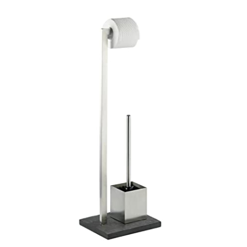 WENKO Stand WC-Garnitur Slate-Rock, Ständer für Toilettenpapier & Toilettenbürste, WC-Papierhalter in Schiefer-Optik, stehender Rollenhalter inkl. Bürste, rostfreier Edelstahl, Anthrazit, 73.5 x 19.5 x 23 cm
