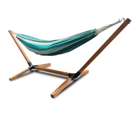 Rijoka Hängematte mit Gestell – Gartenliege mit Holzständer – 150kg Belastung – 270x100x95cm