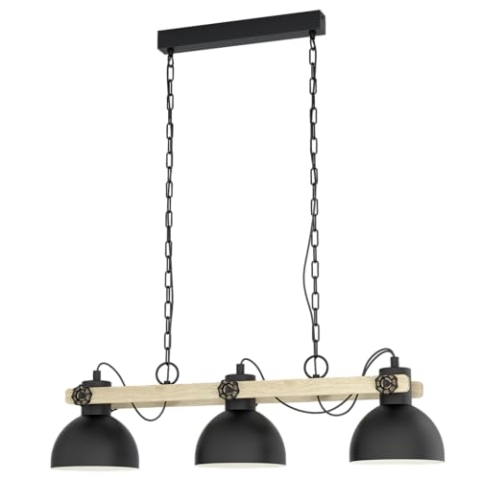 EGLO Pendellampe Lubenham, 3 flammige Vintage Pendelleuchte im Industrial Design, Retro Hängelampe aus Stahl und Holz, Farbe Schwarz, braun, Fassung E27, FSC Zertifiziert