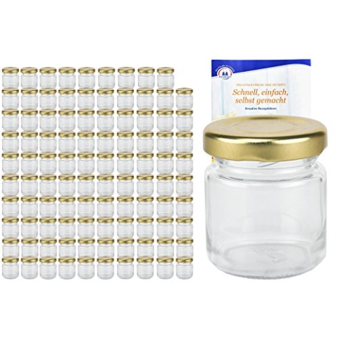 MamboCat 100er Set Rundgläser 53 ml Deckelfarbe gold TO 43 inkl. Diamant Gelierzauber Rezeptheft, Einmachgläser, Einkochgläser, Vorratsgläser, Mini Sturzgläser, Obstgläser, Portionsgläser, Gläser