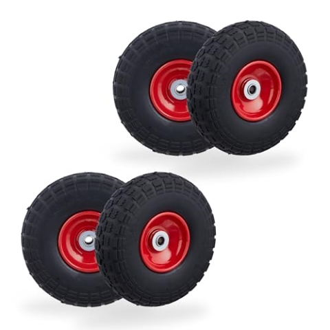 Relaxdays 4X Sackkarrenrad, pannensichere Vollgummireifen, 4.10/3.50-4", Stahlfelge, bis 150 kg, 260x85 mm, schwarz-rot