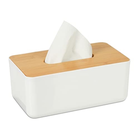 Relaxdays 10er Set Taschentuchbox-Abdeckungen, Bambusdeckel, Wischtuchspender, Küche & Bad, 10 x 23 x 13 cm, Weiß/Natur