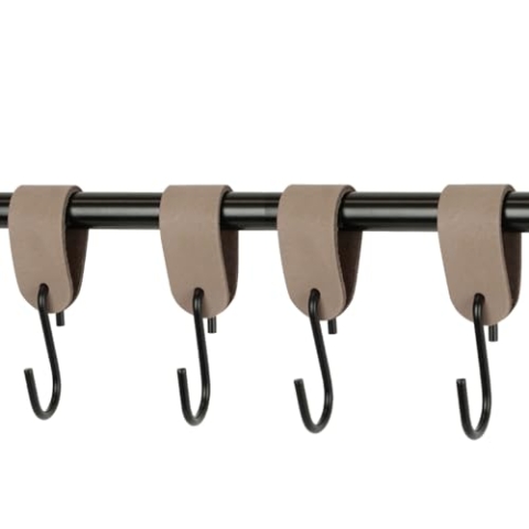 Handles and More - 4 x S Haken für Kleiderstangen - Taupe - Größe L - für max. Durchmesser 49mm - Kleiderhaken mit Lederschlaufe - Garderobenhaken aus echtem Leder - Fleischerhaken für Garderobe