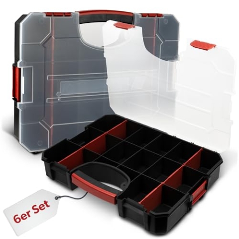 6 x siwitec Sortimentskasten, 16 Fächer und 6 anpassbare Trennstege, Sortimentsbox für Kleinteile, stapelbar, Werkzeug Organizer, Kleinteilemagazin, Sortimentskoffer aus Kunststoff 38 x 29 x 6,5 cm