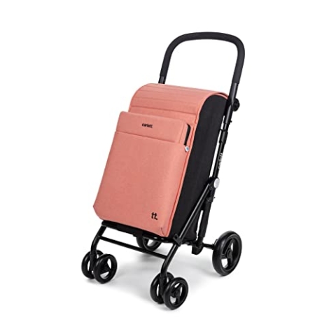 Carlett - Einkaufstrolley, Faltbarer Supermarkt-Trolley, mit 4 regenfesten Rädern und Einer großen Kapazität von 32kg, Haupttasche 64L, Thermotasche 12L und Hecktasche - Lachsfarben