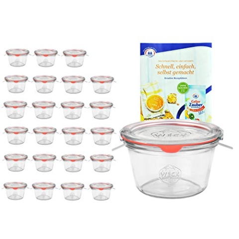 MamboCat 24er Set Weck Sturzgläser 290ml, 1/5L Gläser mit 24 Glasdeckeln, 24 Einkochringen und 48 Klammern inkl. Gelierzauber Rezeptheft von Diamantzucker