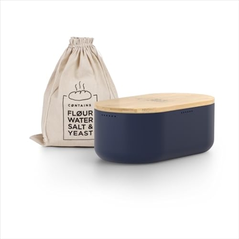 LARS NYSØM Brotkasten I Brotbox aus Metall mit Brotsack aus Leinen für langanhaltende Frische I Brotdose mit hochwertigem Bambusdeckel verwendbar als Schneidebrett I 36x19x13cm (Midnight Blue)