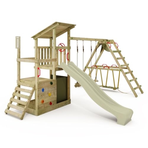 FATMOOSE Spielturm Klettergerüst FruityForest Fun XXL mit Surfanbau, Schaukel & Rutsche, Outdoor Kinder Kletterturm mit Sandkasten, Leiter & Spiel-Zubehör für den Garten (salbeigrün)