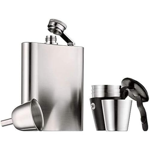 WMF Manhattan Flachmann Edelstahl 6-teilig, Flachmann 200ml, Flask 20cl, Trichter, Stamper im Lederetui, Cromargan Edelstahl mattiert, Geschenkidee