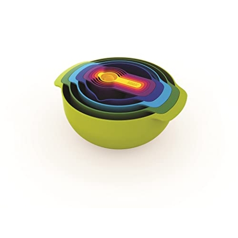 Joseph Joseph Kunststoff Nest 9 Plus, 9-teiliges kompaktes Lebensmittelzubereitungsset mit Sieb und Rührschüsseln – mehrfarbig