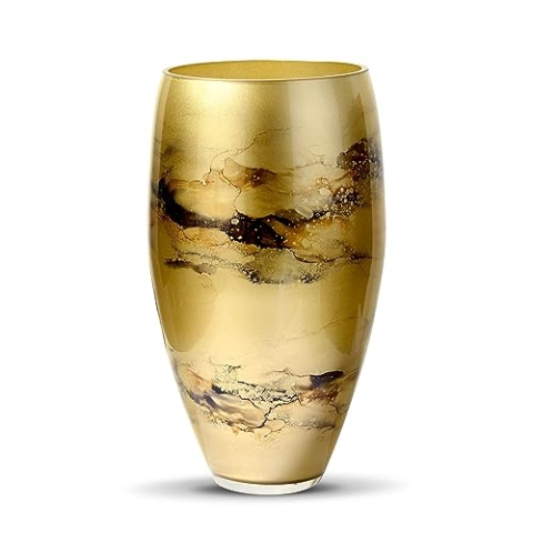 Terroso – Vase – Mundgeblasenes goldenes Glas – Luxuriöses Erscheinungsbild, Stilvoll & Elegant - 38 cm hoch - Marmoroptik – Blumenvase