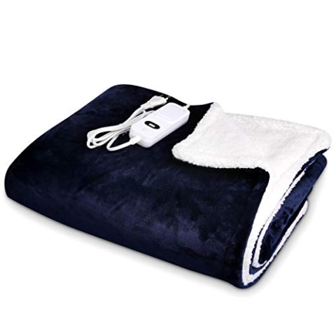Navaris XXL Elektrische Poncho Heizdecke - 180x130cm 3 Wärmestufen Abschaltautomatik waschbar - Kuschelige Wärmedecke Dunkelblau Weiß