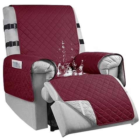 Sesselschoner für Fernsehsessel, 100% Wasserdicht 1 Sitzer Sesselschoner mit Taschen, rutschfest Sesselauflage Relaxsessel mit 2 Verstellbaren Riemen, Waschmaschinenfest, Rot, L