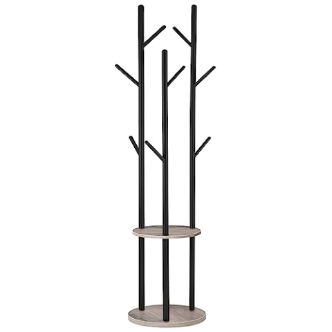 HOOBRO Garderobenständer, Freistehender Kleiderständer, Garderobe in Baumform mit 8 Haken, 2 Runde Ablagen, für Kleidung, Hut, Tasche, Wohnzimmer, Schlafzimmer, Büro, Greige-Schwarz EBG33YM01G1