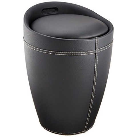 WENKO Badhocker Mod. Candy Leder Optik Schwarz, Hocker mit Stauraum für das Badezimmer und Wohnzimmer, integrierter Wäschesammler, ABS-Kunststoff, BPA-frei, Fassungsvermögen 20 L, Ø 36 x 50,5 cm
