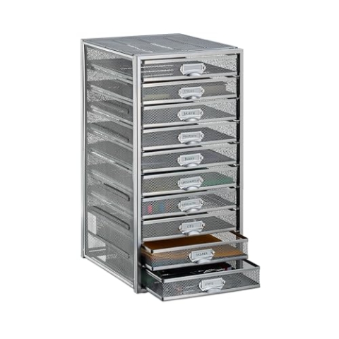 Relaxdays, Silber Schubladenbox, 10 Schubfächer, für Din A4 Dokumente, Ordnungssystem für Schreibtisch, Aktenablage, Legierter Stahl, Standard