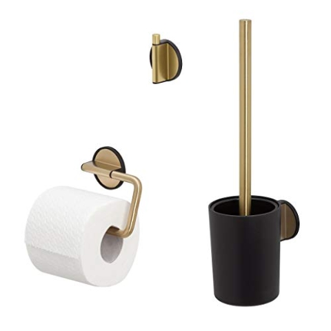 Tiger Tune Badaccessoire-Set, Edelstahl/Kunststoff, Messing gebürstet/Schwarz, 3-teilig, bestehend aus Toilettenpapierhalter, Haken und WC-Bürste, Montage ohne Bohren dank integrierter 3M-Klebefolie