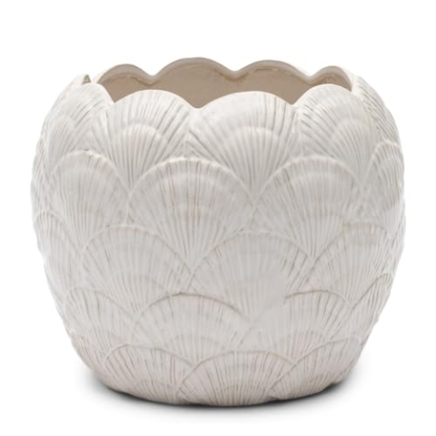 Riviera Maison Blumentopf Keramik weiß und rund Durchmesser 24 cm, Tontopf für Zimmerpflanze mit Muschelmuster - Shell Planter - (ØxH) 24x20