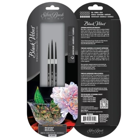 Silver Brush Limited WC-3204S Black Velvet Pinselset für Feine Linien & Details, 3er Set Pinsel, Pinsel Rund in den Größen 0, 2 und 4