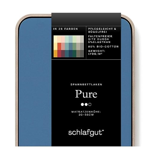 Schlafgut Pure Spannbettlaken 180x200cm bis 200x220cm - 95% Biobaumwolle, 5% Elasthan, Oeko-TEX Zertifiziert, Blue Mid, Matratzenhöhe bis 35cm