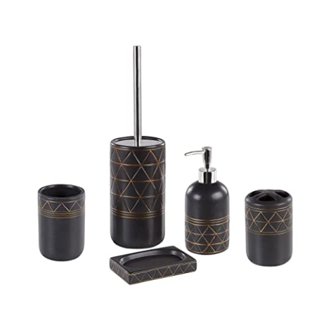 Beliani Elegantes Badezimmer-Zubehör 5-teilig aus Keramik in Schwarz/Gold Lanco
