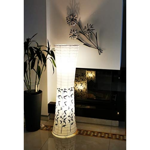 Trango Design Stehlampe 1217L *BEIJING* Reispapierlampe *HANDMADE* in Weiß mit Bambus Motiv inkl. 2x 5 Watt E14 LED Leuchtmittel - Form: Rund - Höhe: ca. 125cm Wohnraumlampe - Stehleuchte - Reispapier