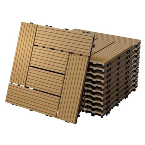ECD Germany WPC Terrassenfliesen 30x30 cm/11 Stück=1m², Teak, Mosaik, Holzoptik, Bodenbelag mit Klicksystem und Drainage, Terrassendielen Balkonfliesen, Klickfliesen für Terrasse, Garten und Balkon