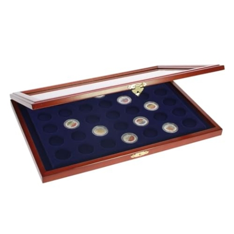 Safe Münzen-Vitrine 5910 – Edle Holz-Vitrine mit Glaseinsatz & Samteinlage – 23 runde Vertiefungen für 2 Euro-Münzen in Kapseln – Wandmontage, Klappschloss, 375x260x30 mm