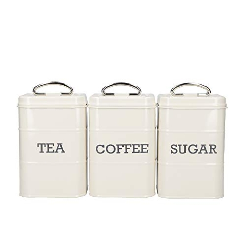 KitchenCraft Living Nostalgia 3 -er Set Vorratsdosen für Tee, Zucker und Kaffee, in Geschenkbox, Stahl, Antique Cream , 11 cm x 11 cm x 17 cm, Vintage Blau