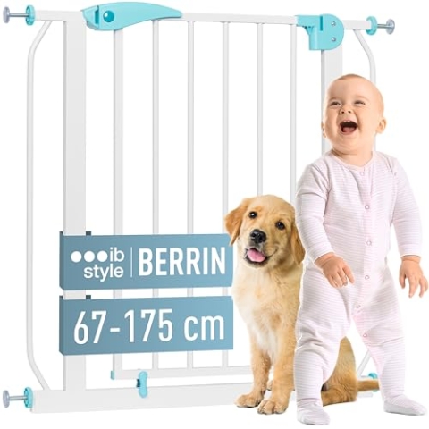ib style Türschutzgitter Berrin 67-175, Treppengitter für Babys, Treppenschutzgitter ohne Bohren, Türgitter zum Klemmen, Tür- und Treppenschutzgitter, Weiß Türkis, 75-85 cm
