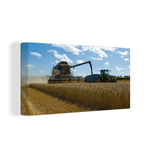MuchoWow Leinwand Bilder, Einzigartige Wanddeko mit Rahmen, Traktor - Bauernhof - Landleben - Ernte - Getreide, Wandbilder Wohnzimmer, Deko Schlafzimmer 80x40 cm