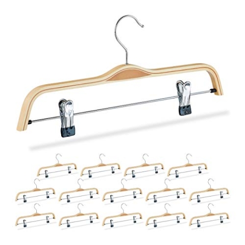 Relaxdays 15 x Hosenbügel Holz, verstellbare & gummierte Clips, 360° drehbarer Haken, Kleiderbügel, 37cm breit, Klemmbügel, Natur
