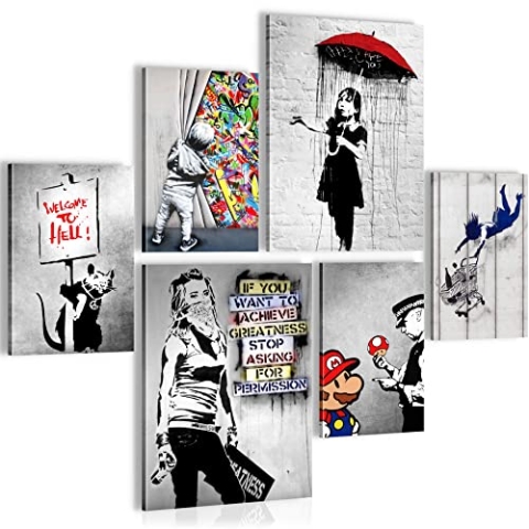Novart Wandbilder Set Banksy Collage Street Art - KEIN EXTRA RAHMEN BENÖTIGT - Modern Deko - Wohnzimmer Büro N019463a