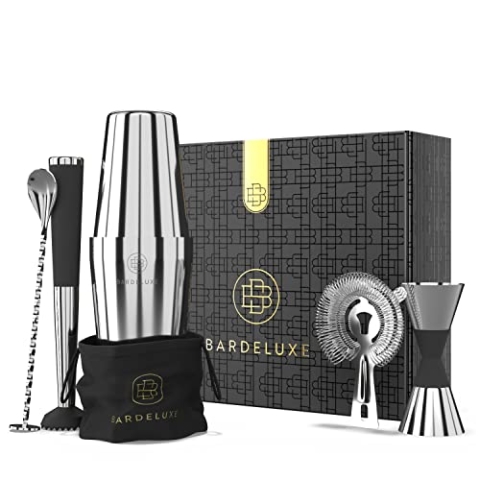 BarDeluxe® Boston Shaker Set 5-teilig, Barkeeper Set, Cocktail Mix Set - 750ml Cocktailshaker Boston, Cocktail Set Edelstahl, Cocktail Zubehör - Luxus Geschenkset, Tasche & Rezeptbuch (Silber)